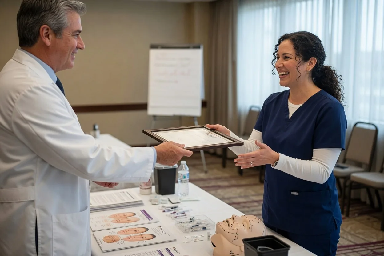 Instructor handing a course completion certificate to a nurse after Botox training