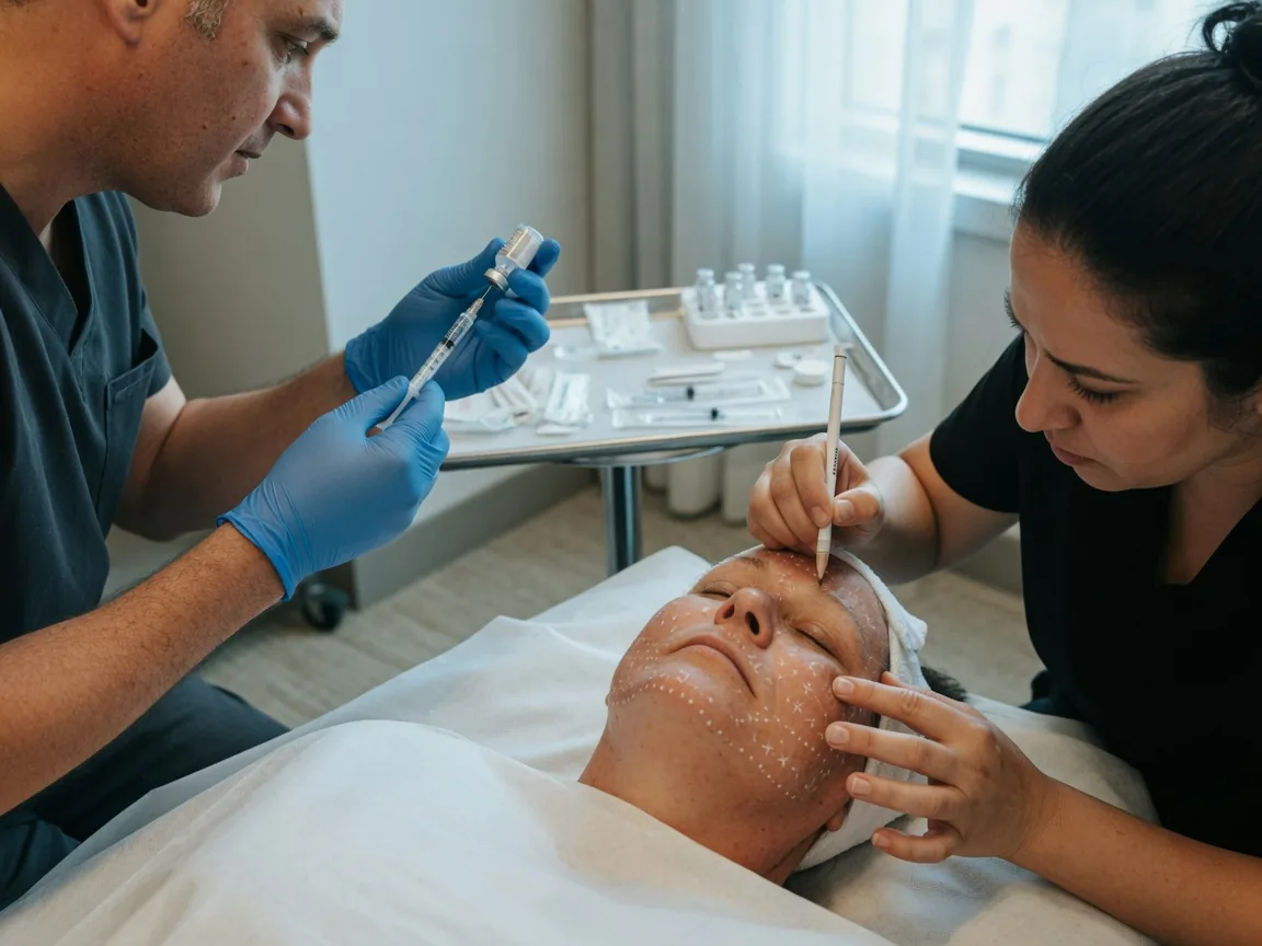 Two clinicians preparing product and marking injection points at a treatment bed