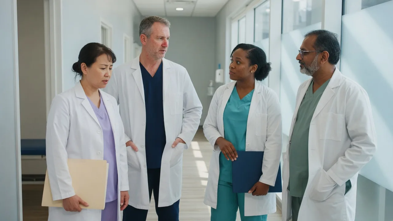 Happy group of doctors and healthcare professionals in white lab coats