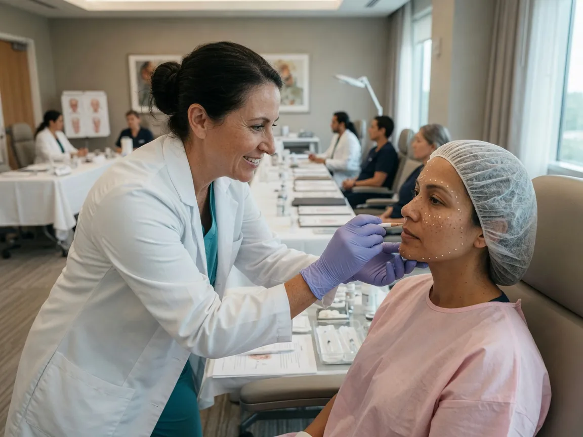 Nurse practitioner marking injection points with a patient before treatment