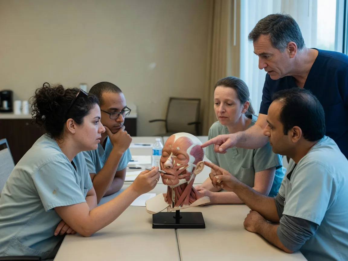 Dentists studying facial anatomy on a model head during a hands-on training day