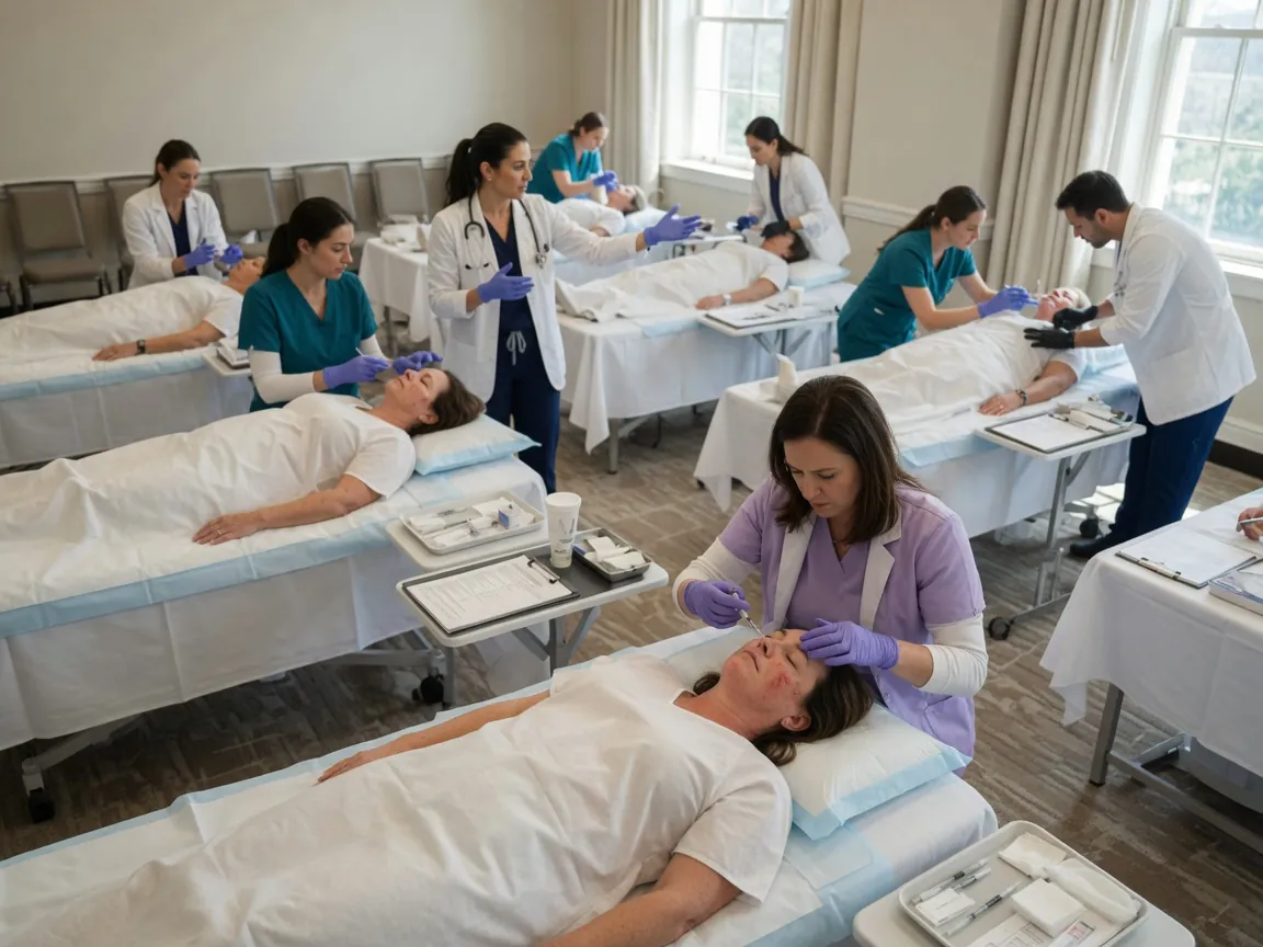 Trainees practising injection technique on live patients at a hands-on workshop