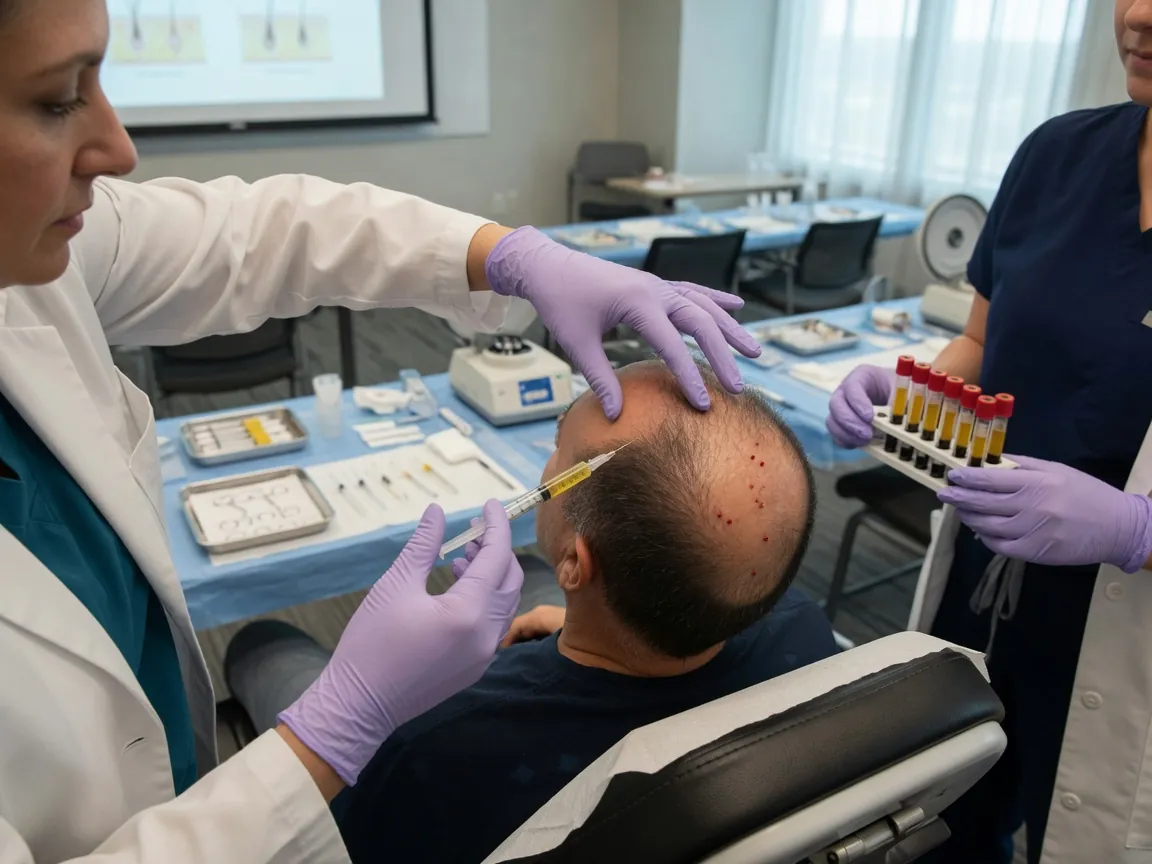 Clinician performing a PRP scalp injection for hair restoration training