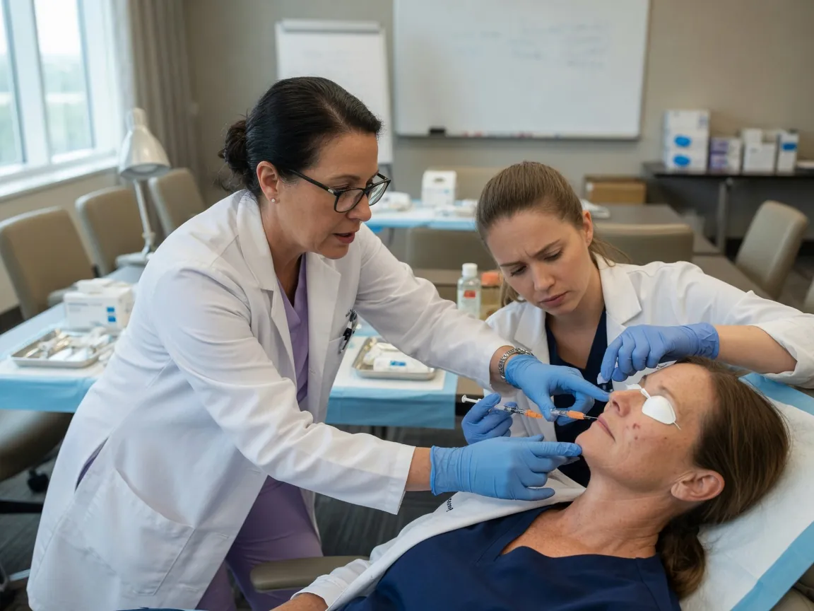 Physician instructor supervising a neurotoxin injection during hands-on training