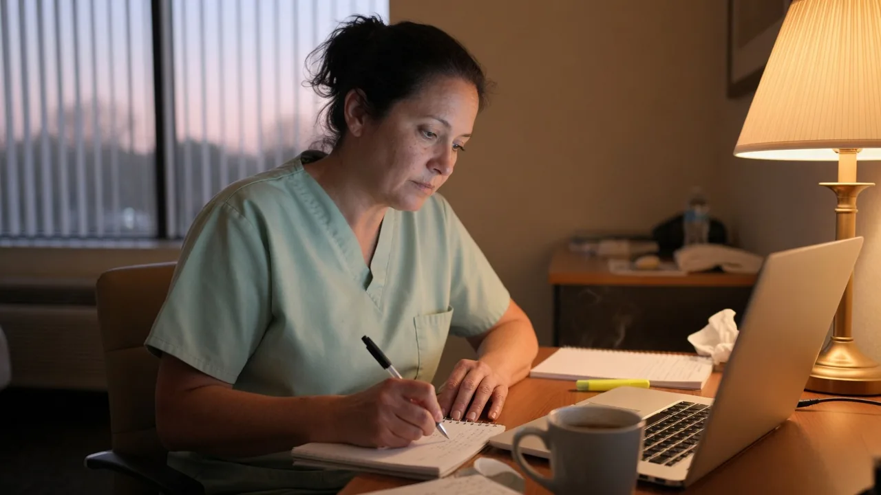 Clinician following an online training session and taking notes at a desk
